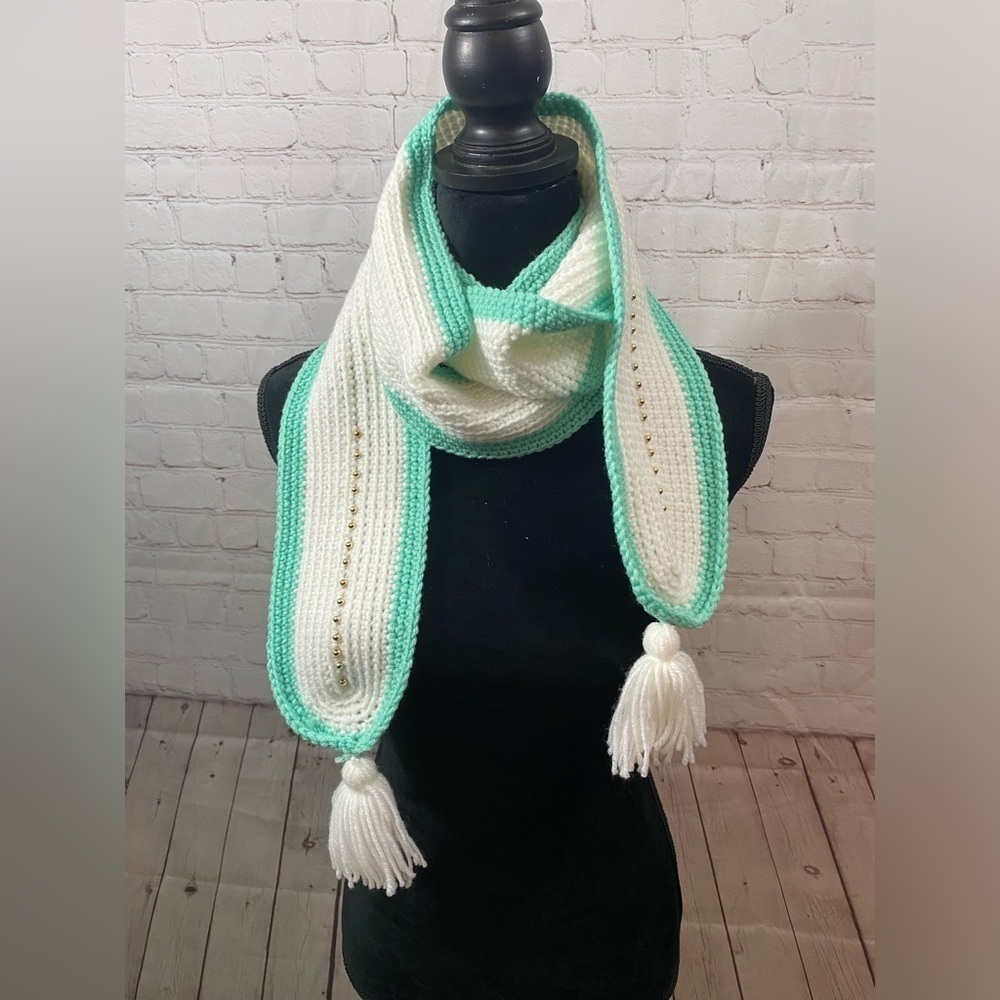 Handmade Crotchet White & Sea foam Green Knit Scarf With Gold Bead Details